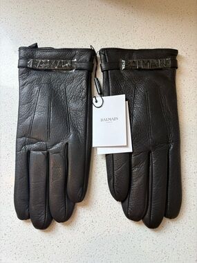 Balmain Black Leather Gloves with Metal Logo Accent